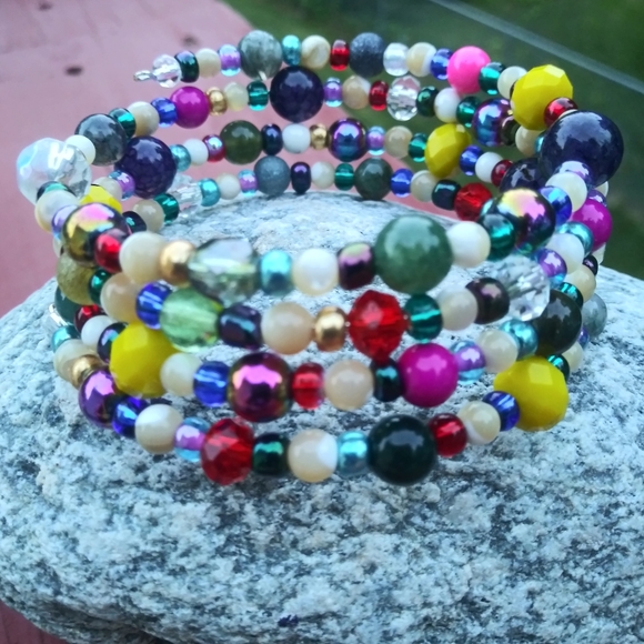 Hand Crafted Jewelry - NEW Handmade Jasper Mother of Pearl Agate Jasper Beaded Bracelet Unique Cute